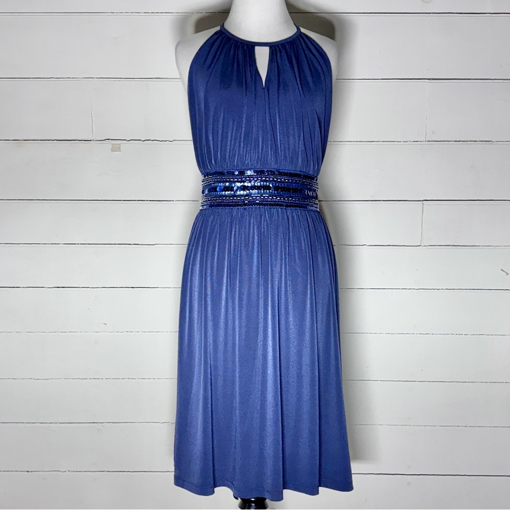 Apt. 9 Women’s Navy Blue Fit & Flare Midi Halter Dresss with Sequin Waist Size L
